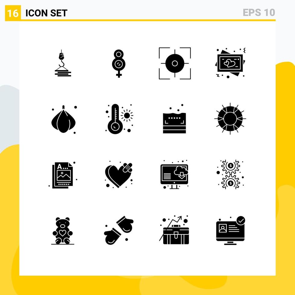 Pack of 16 Modern Solid Glyphs Signs and Symbols for Web Print Media such as onion wedding aim love frame Editable Vector Design Elements