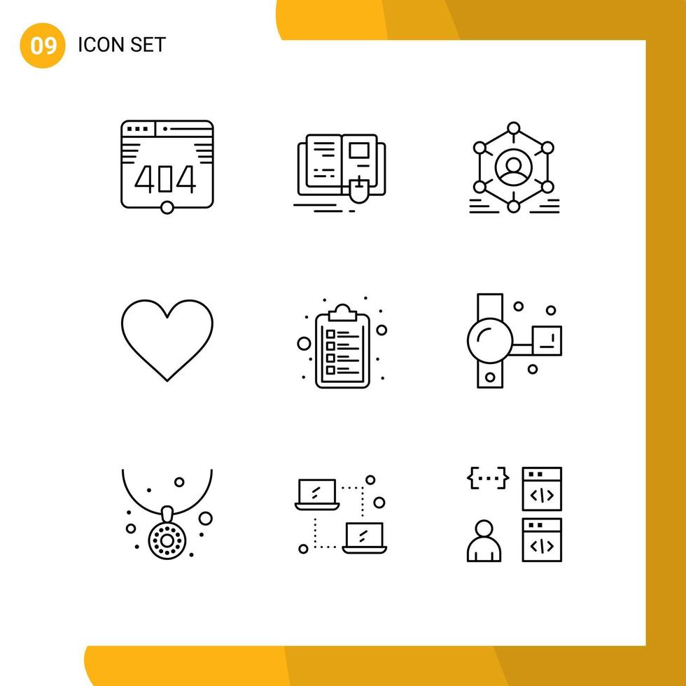 Set of 9 Vector Outlines on Grid for clipboard twitter user like heart Editable Vector Design Elements