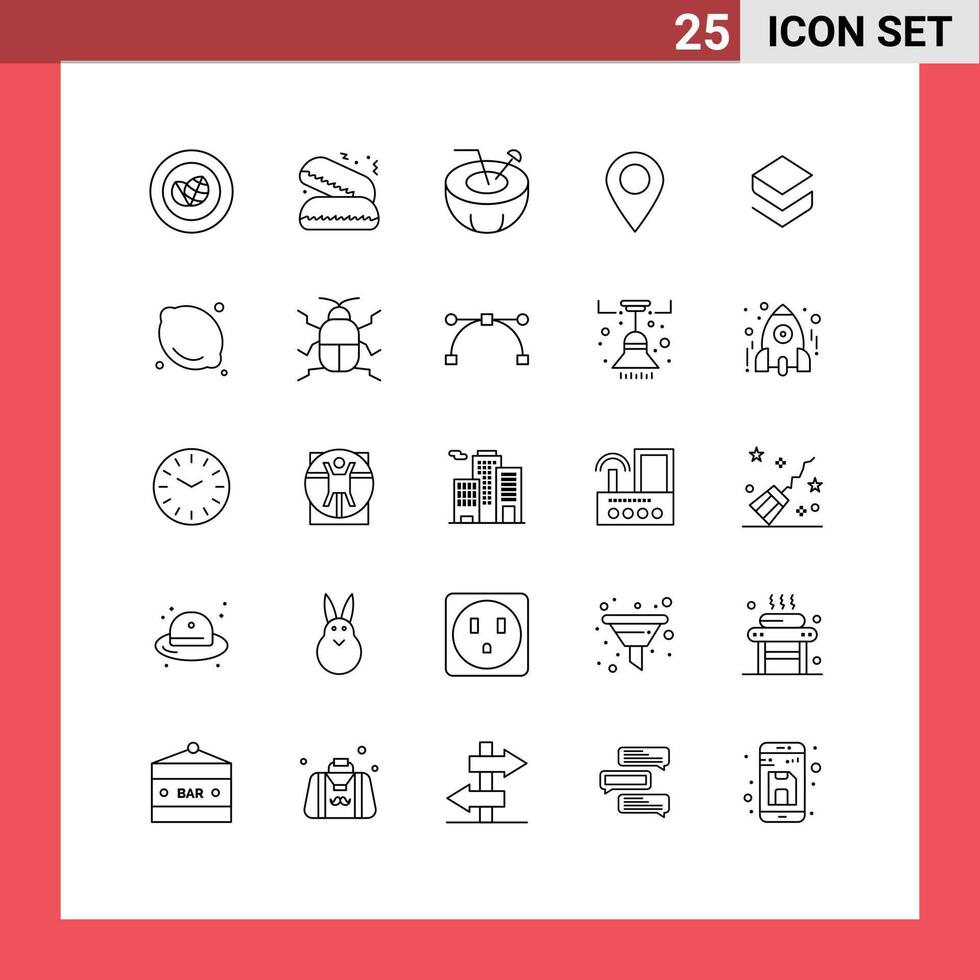 Pack of 25 creative Lines of crypto stratis coconut drink pin map Editable Vector Design Elements