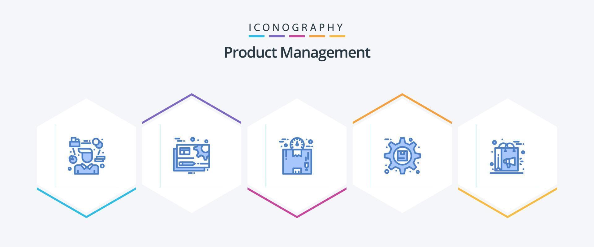 Paquete de 25 íconos azules de administración de productos que incluye opciones. engranaje. configuración. tiempo. logística vector