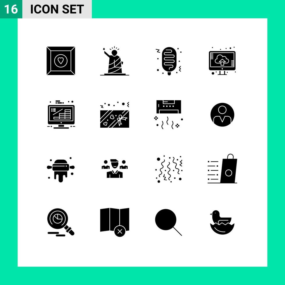 Pack of 16 Modern Solid Glyphs Signs and Symbols for Web Print Media such as finance business hotdog upload computer Editable Vector Design Elements