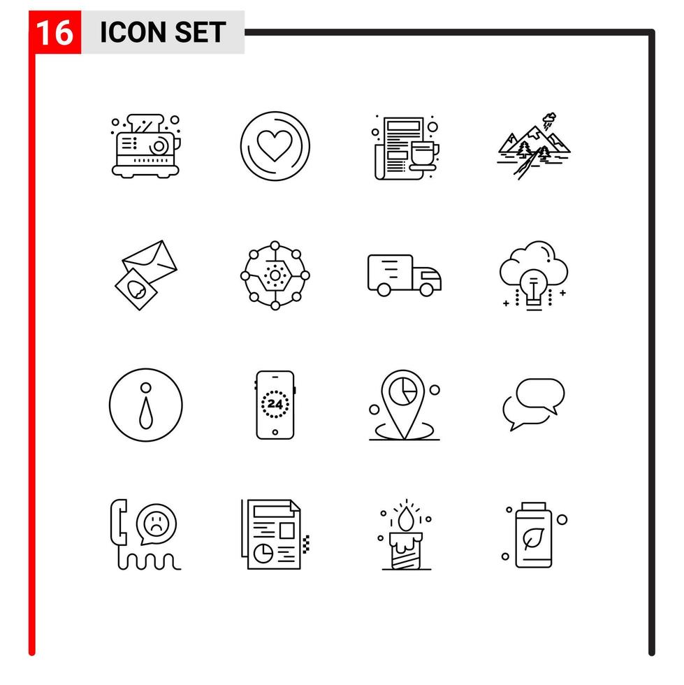 Pack of 16 Modern Outlines Signs and Symbols for Web Print Media such as mail mountain cup nature hill Editable Vector Design Elements