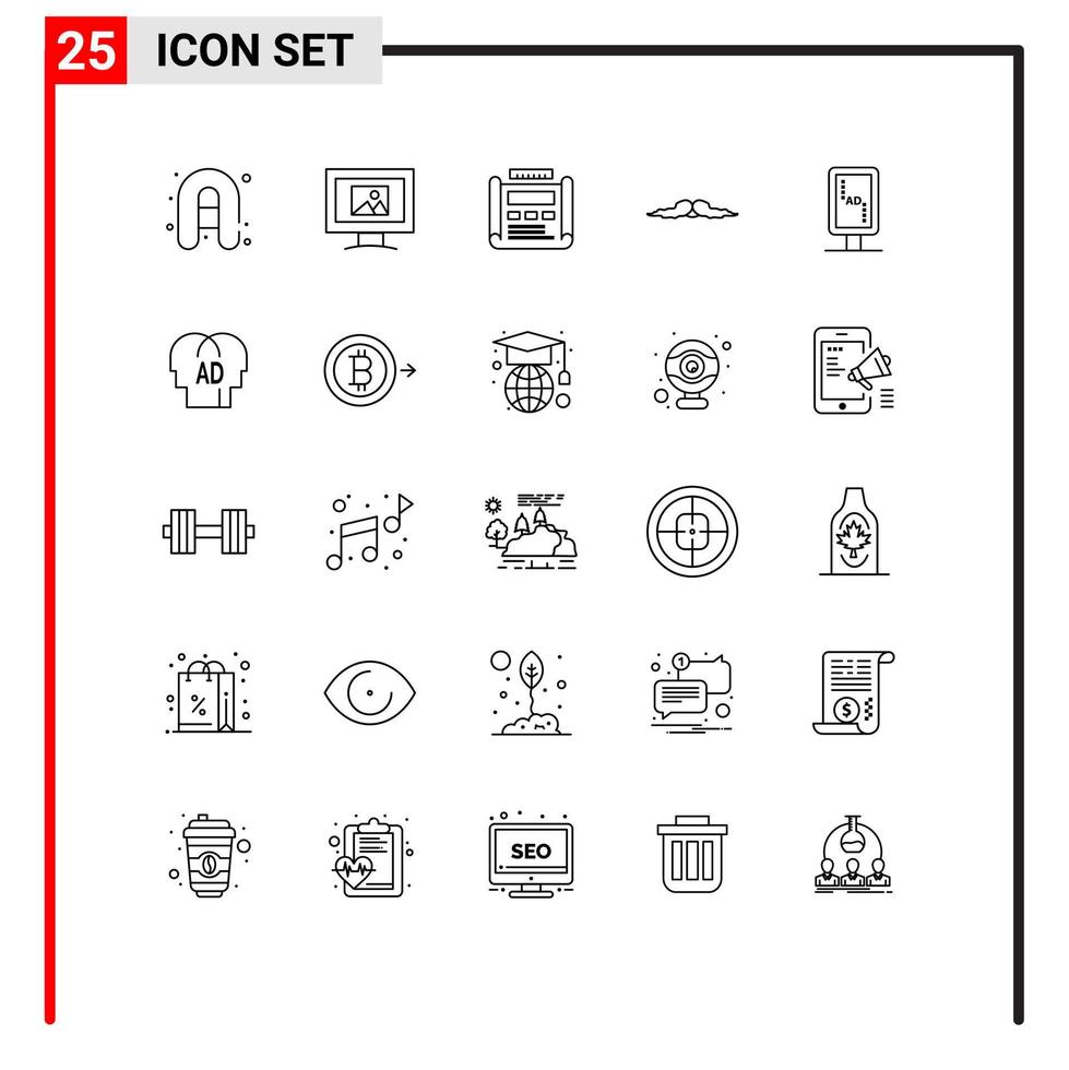 Pack of 25 Modern Lines Signs and Symbols for Web Print Media such as branding men development male hipster Editable Vector Design Elements
