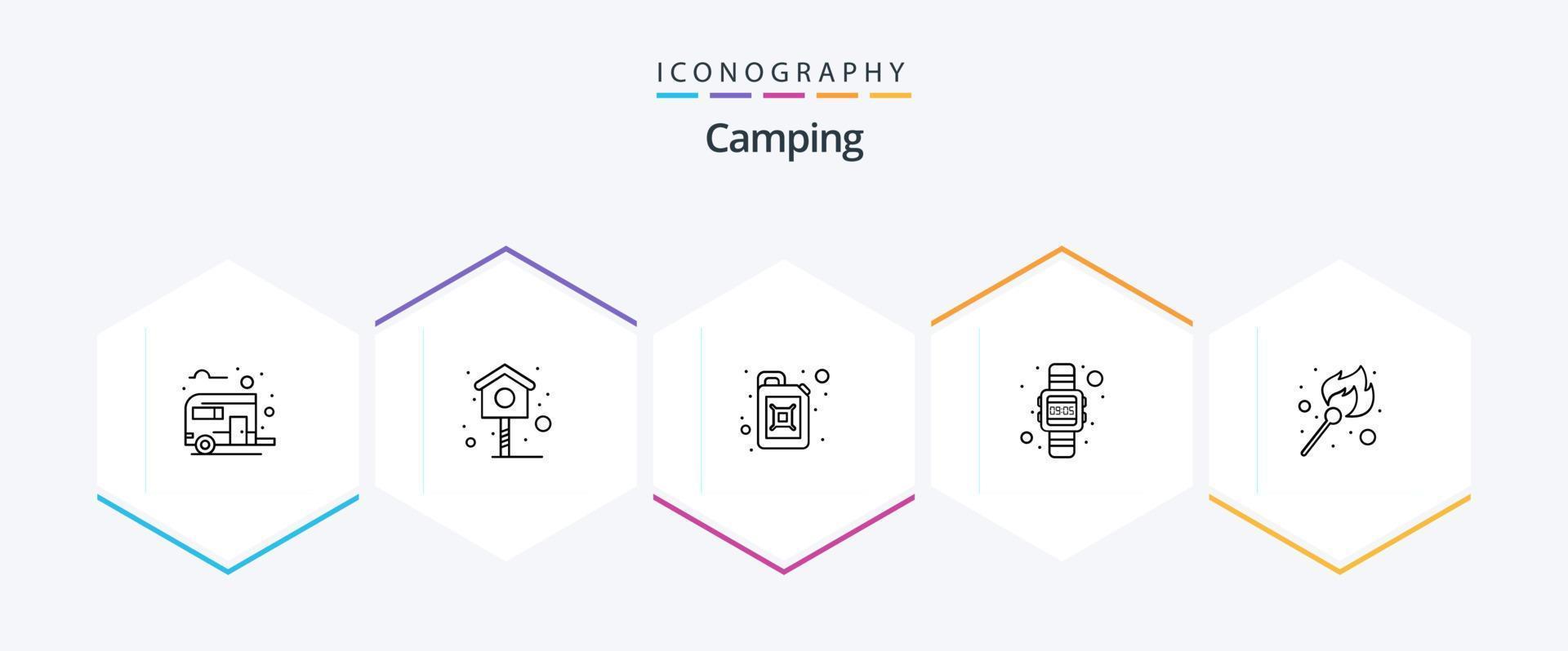 Camping 25 Line icon pack including lighter. fire. canister. hand watch. time vector