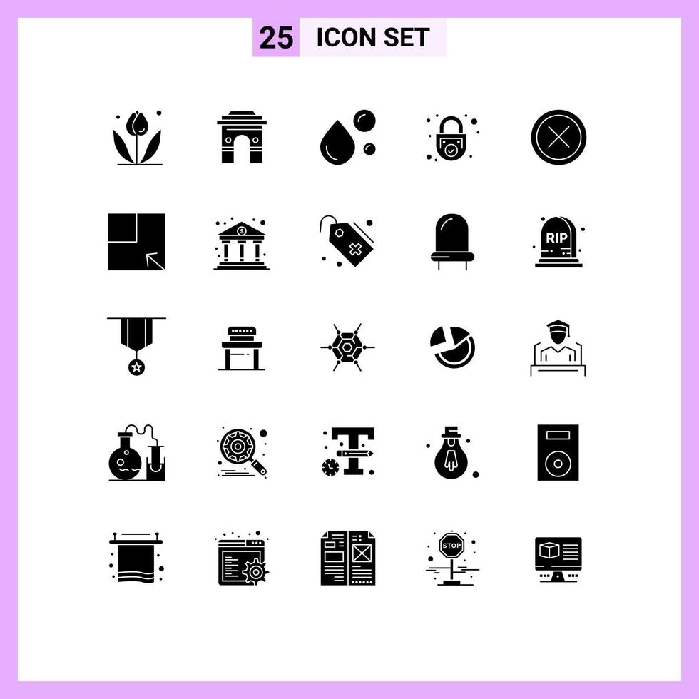 25 User Interface Solid Glyph Pack of modern Signs and Symbols of padlock omega indian natural oil fish oil Editable Vector Design Elements