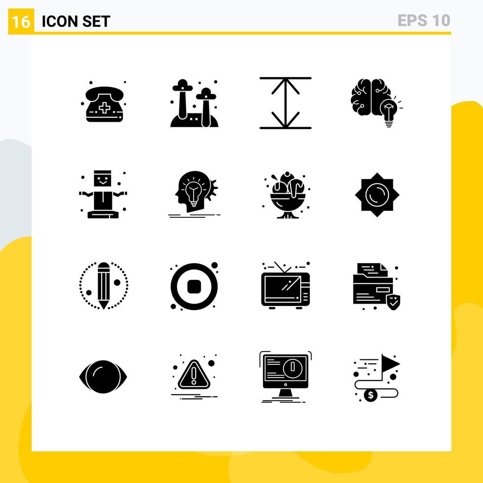 Group of 16 Solid Glyphs Signs and Symbols for levitation entertainment arrows bulb brain Editable Vector Design Elements
