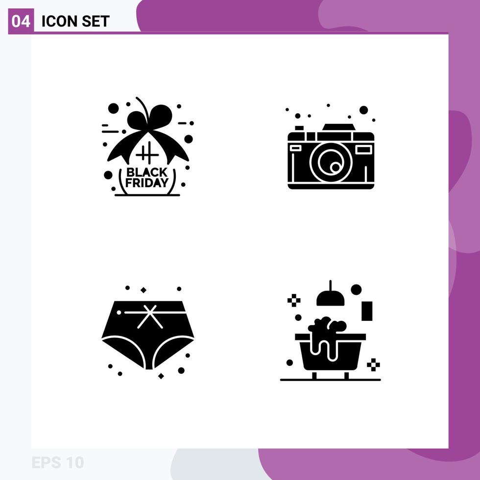 Solid Glyph Pack of 4 Universal Symbols of discount vacation camera photography bathroom Editable Vector Design Elements