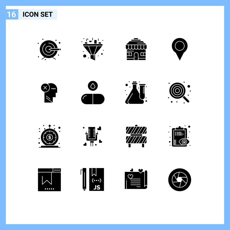 Editable Vector Line Pack of 16 Simple Solid Glyphs of mark head shop failure pin Editable Vector Design Elements
