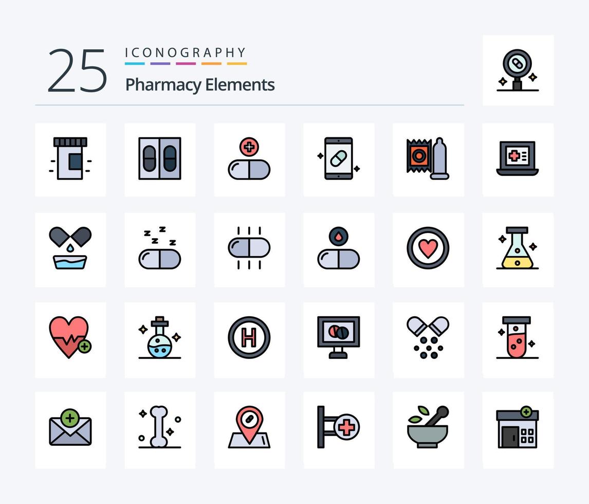 paquete de iconos llenos de 25 líneas de elementos de farmacia que incluye médico. condón. pastillas pastillas médico vector