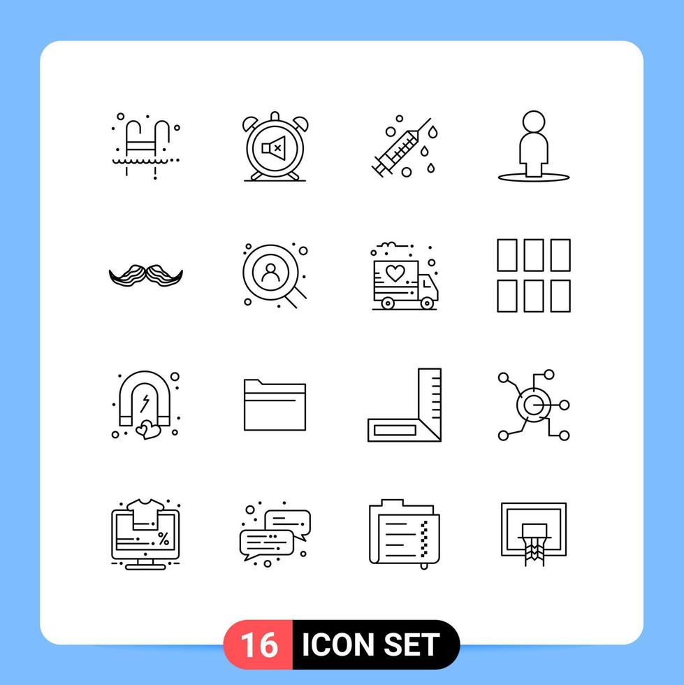 Pack of 16 Modern Outlines Signs and Symbols for Web Print Media such as hipster user off people syringe Editable Vector Design Elements