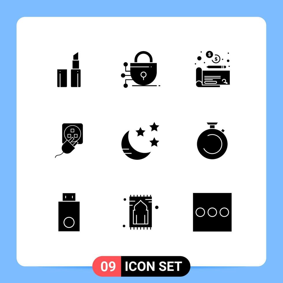 Group of 9 Modern Solid Glyphs Set for clock night plug moon charge Editable Vector Design Elements