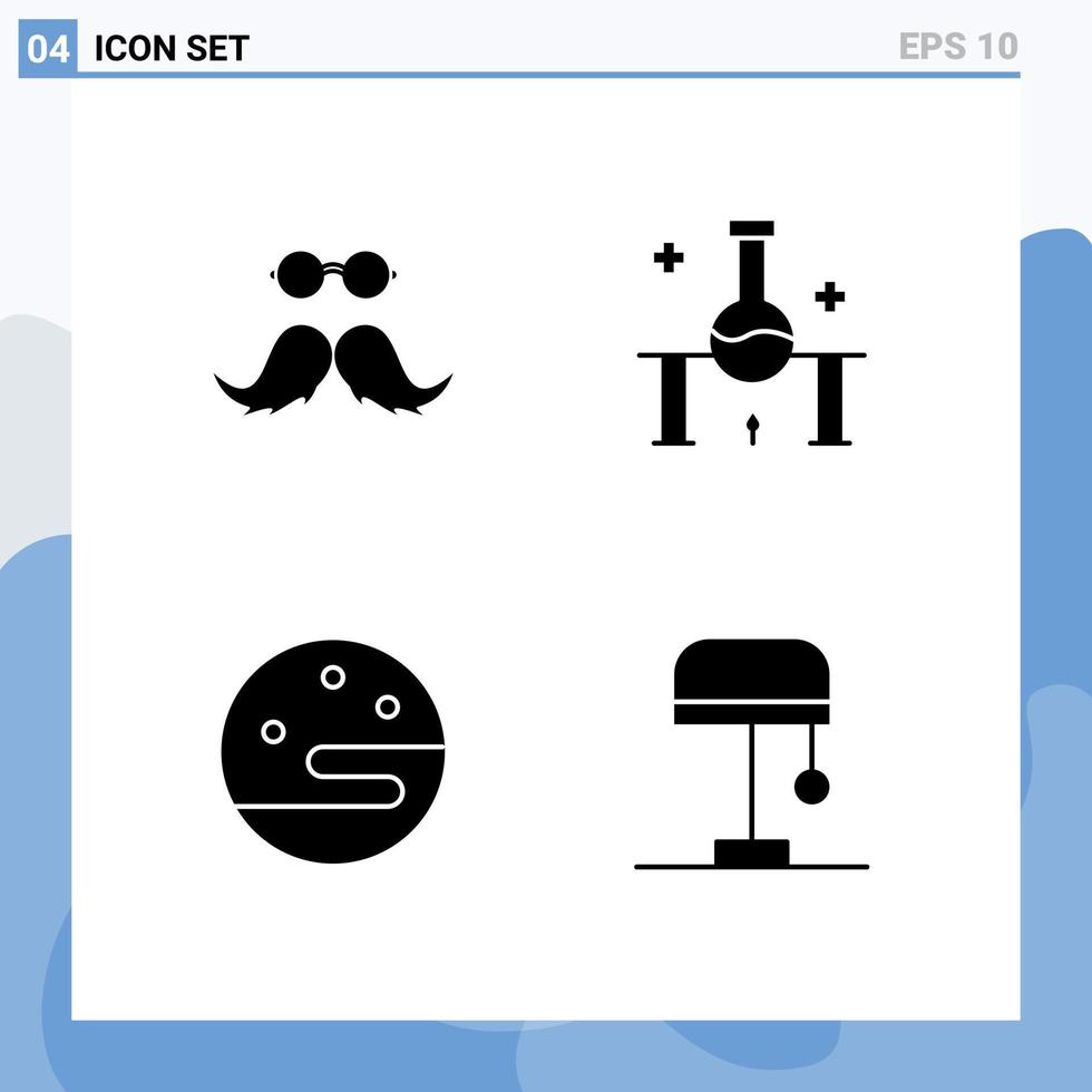 4 User Interface Solid Glyph Pack of modern Signs and Symbols of moustache science lab male laboratory research night Editable Vector Design Elements