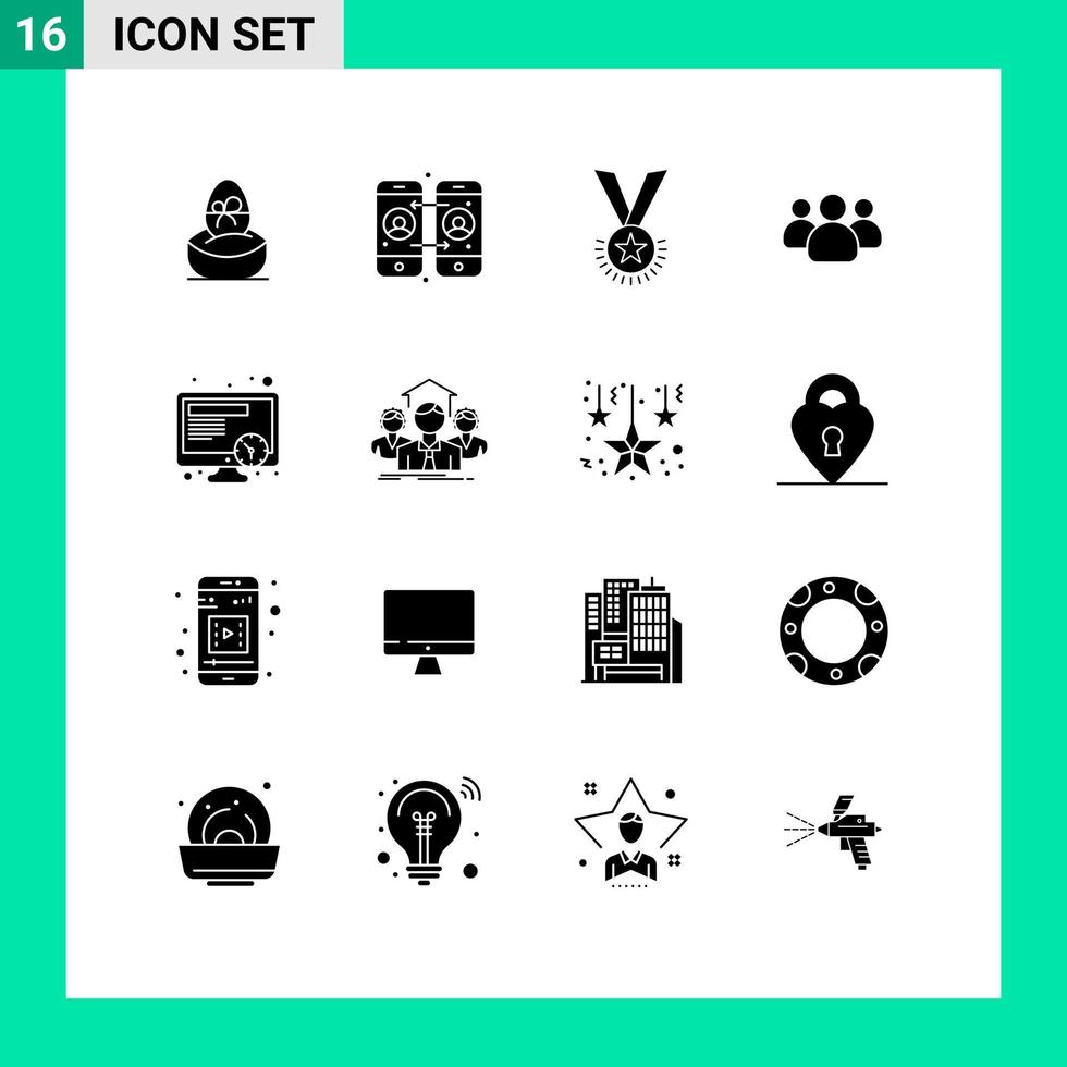 conjunto moderno de 16 glifos y símbolos sólidos, como elementos de diseño de vectores editables de reputación de amigos de premio de grupo de equipo