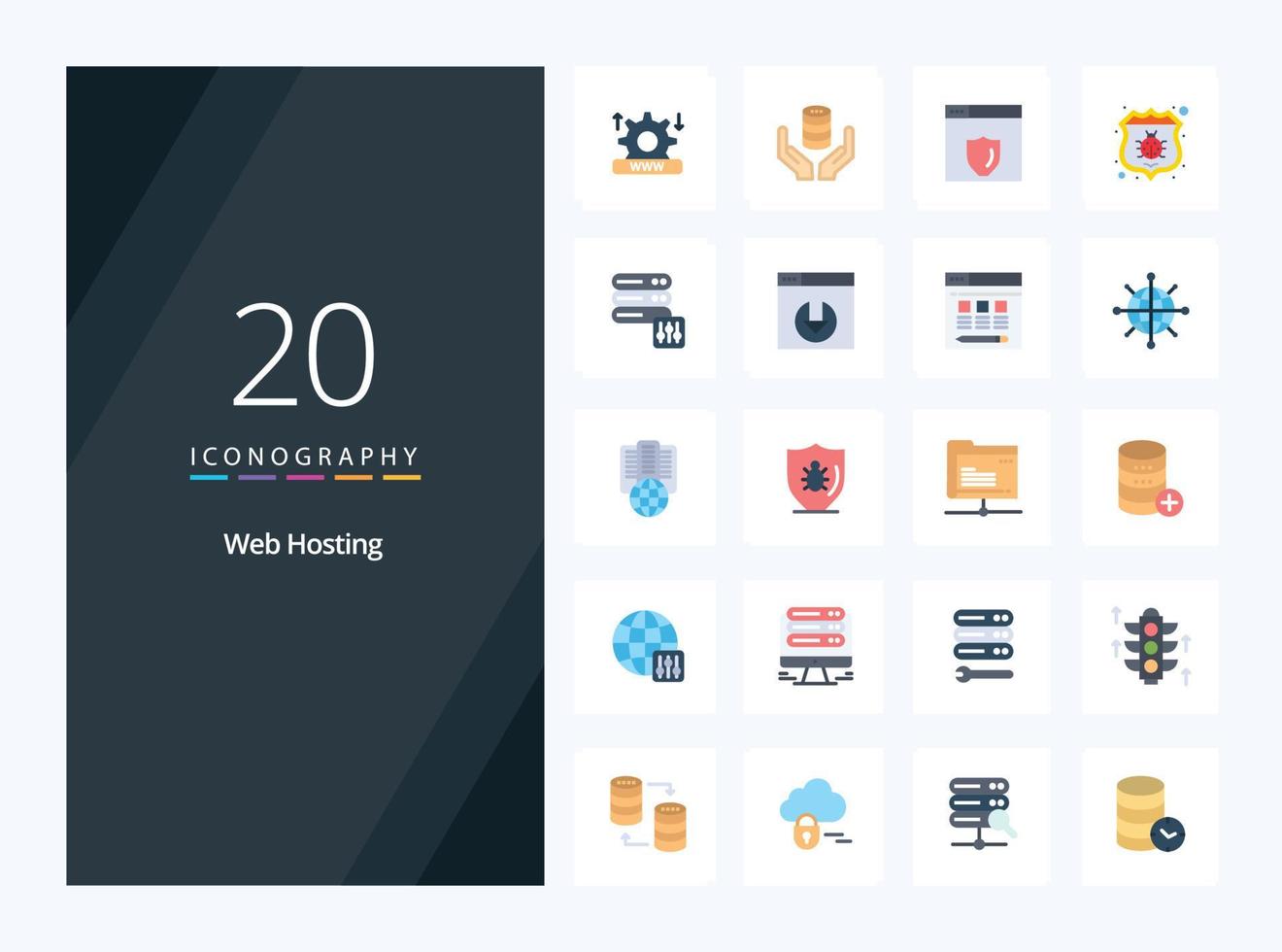 20 icono de color plano de alojamiento web para presentación vector