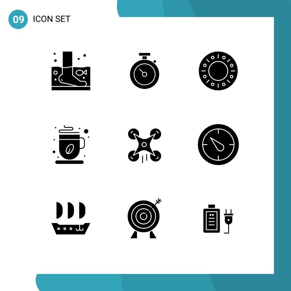 Pack of 9 Modern Solid Glyphs Signs and Symbols for Web Print Media such as drone coffee cup time tea coffee Editable Vector Design Elements