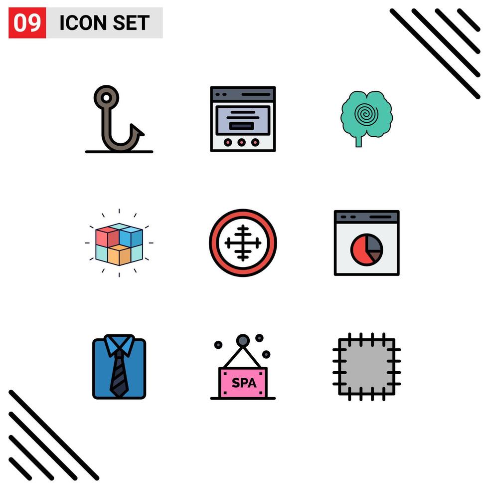 Group of 9 Modern Filledline Flat Colors Set for badge cube head solution labyrinth Editable Vector Design Elements