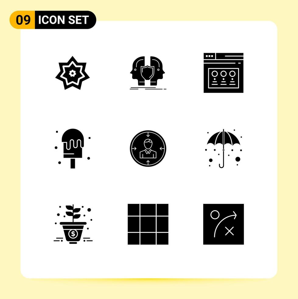 Universal Icon Symbols Group of 9 Modern Solid Glyphs of target ice identity cream web Editable Vector Design Elements