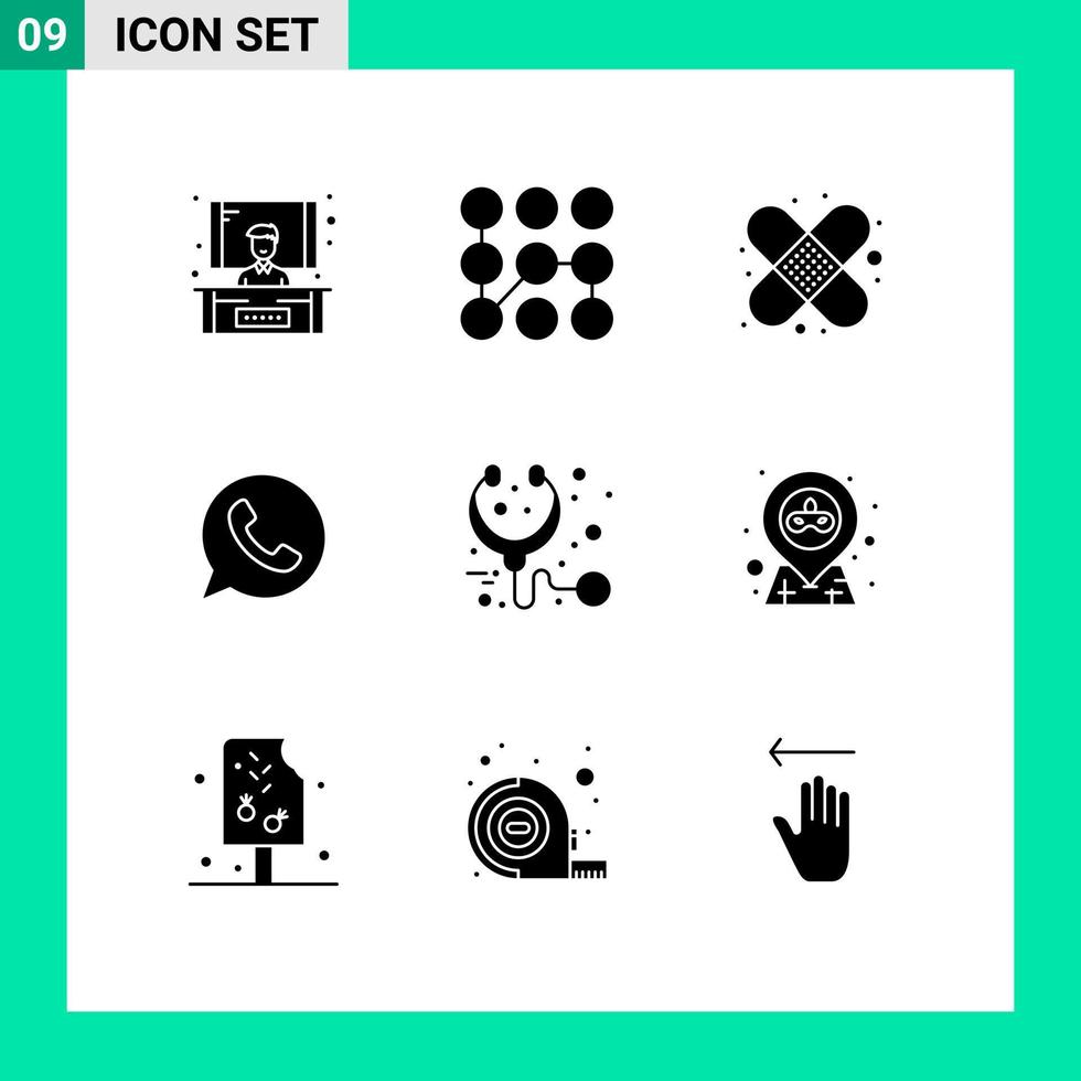 Editable Vector Line Pack of 9 Simple Solid Glyphs of stethoscope health bandage care telephone Editable Vector Design Elements