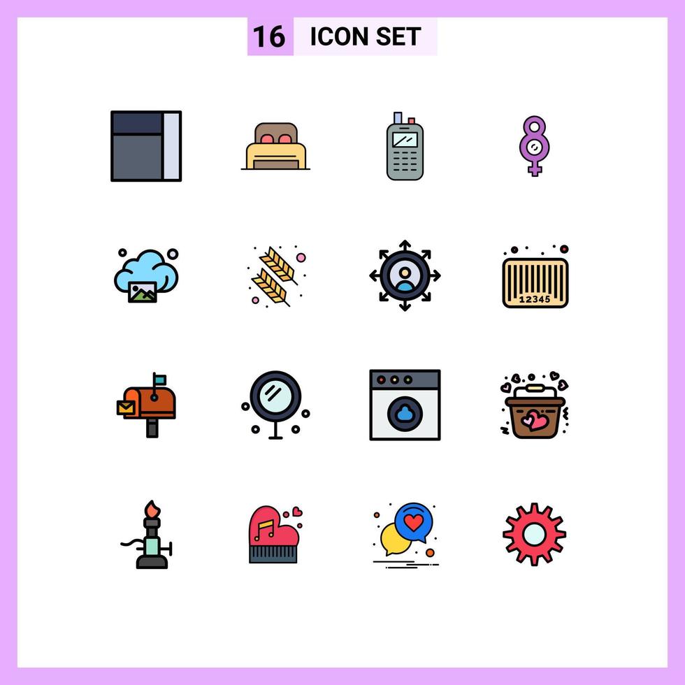 Universal Icon Symbols Group of 16 Modern Flat Color Filled Lines of feather image receiver gallery female Editable Creative Vector Design Elements