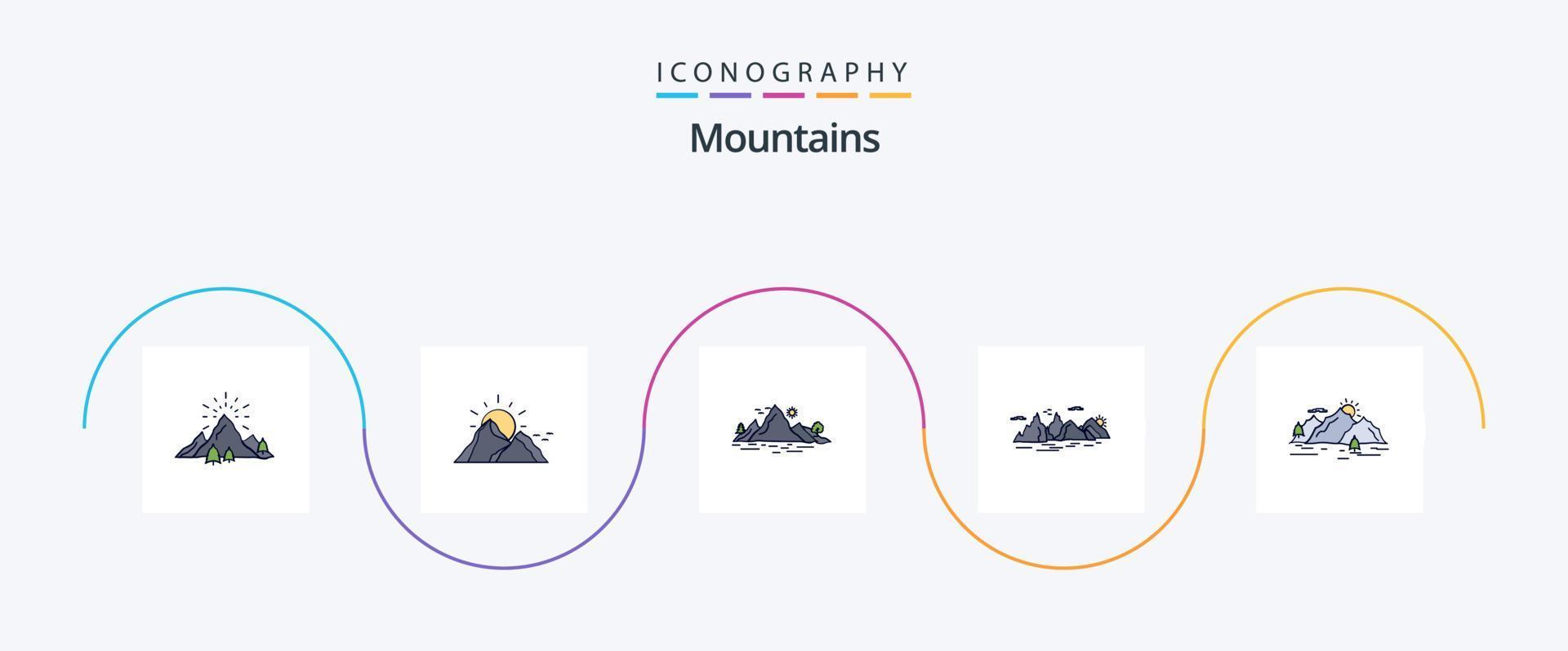 Mountains Line Filled Flat 5 Icon Pack Including landscape. mountain. mountain. tree. landscape vector
