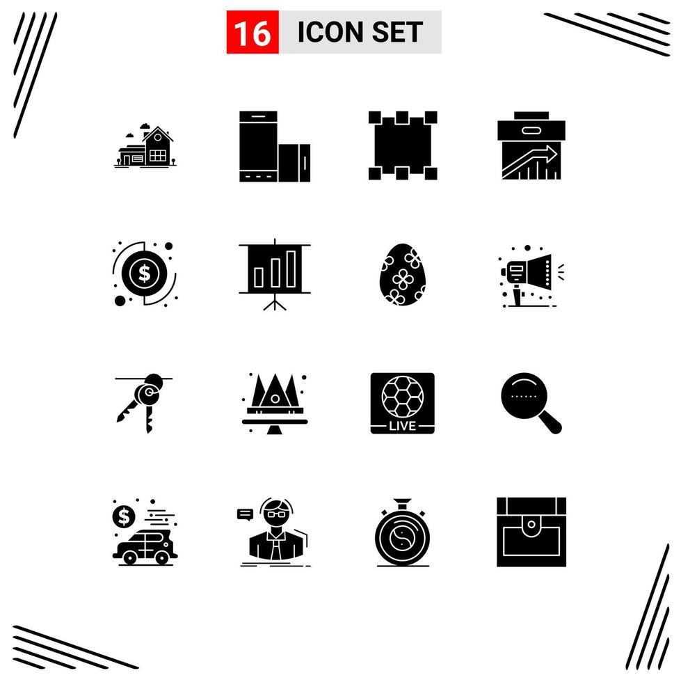 Set of 16 Commercial Solid Glyphs pack for marketing corporate rotate business rectangle Editable Vector Design Elements
