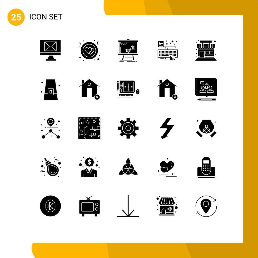 grupo de 25 signos y símbolos de glifos sólidos para almacenar datos de mercado adjuntar elementos de diseño de vectores editables de teclado
