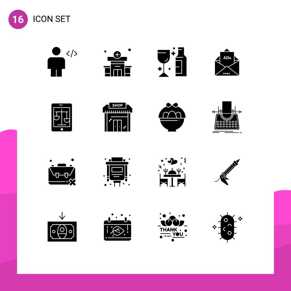 Set of 16 Modern UI Icons Symbols Signs for court letter alcohol email ad Editable Vector Design Elements