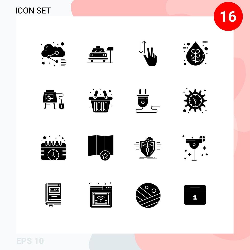 Group of 16 Solid Glyphs Signs and Symbols for liquid eco finger drop down Editable Vector Design Elements