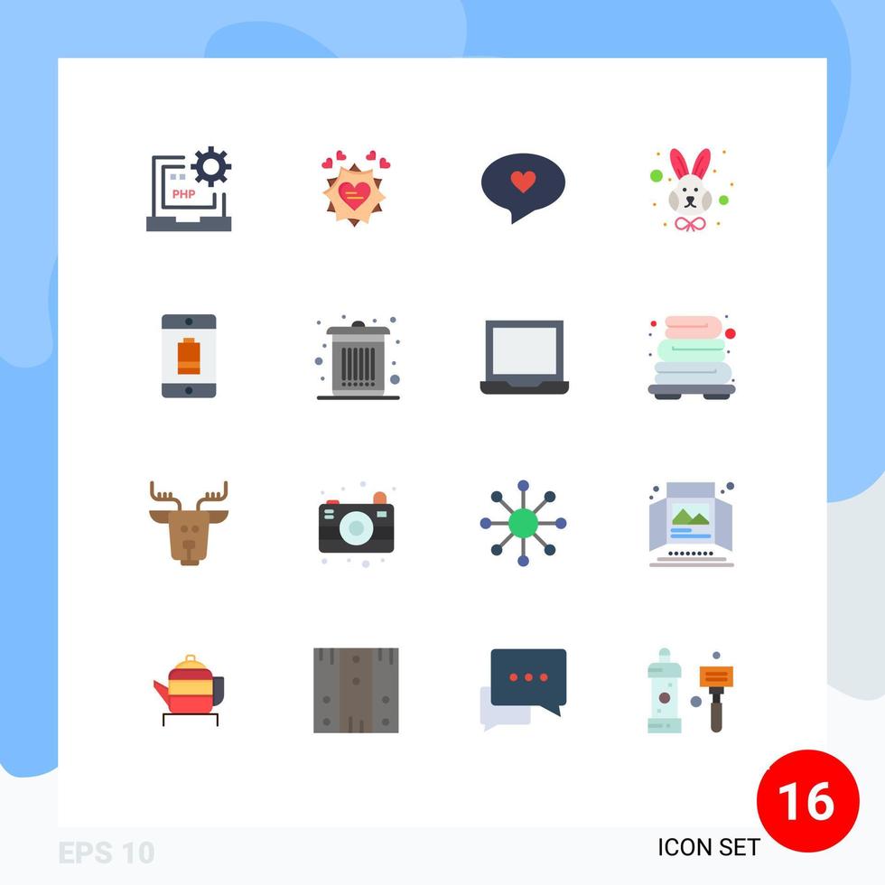 grupo de 16 colores planos signos y símbolos para teléfono móvil cara corazón conejo animal paquete editable de elementos creativos de diseño de vectores