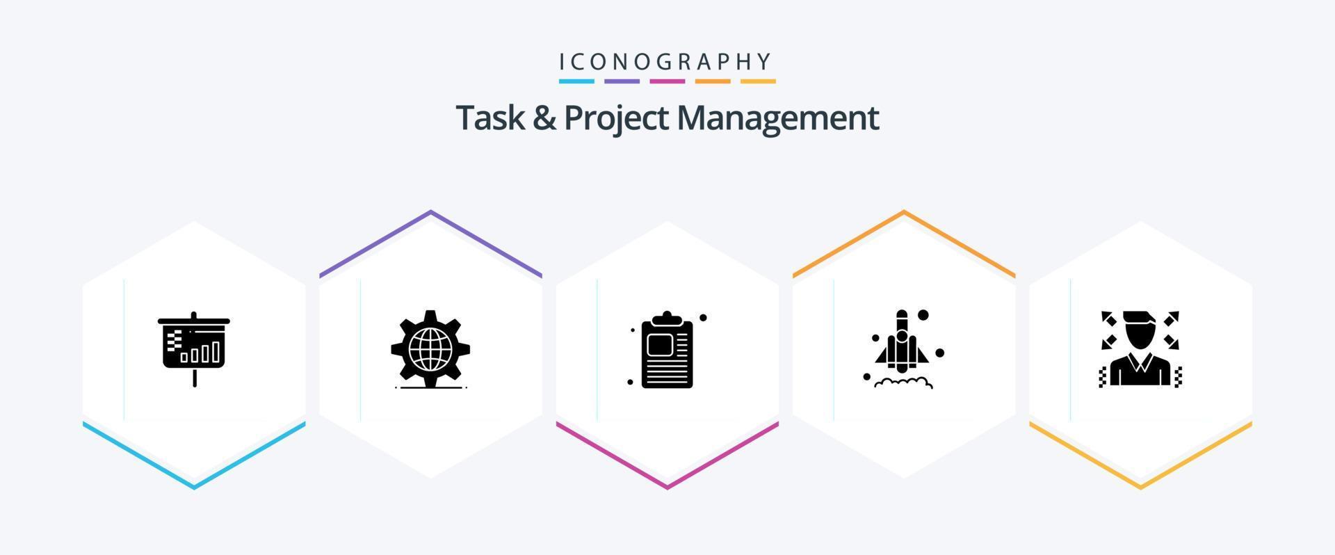 Task And Project Management 25 Glyph icon pack including . rocket . setting. launch . paper vector