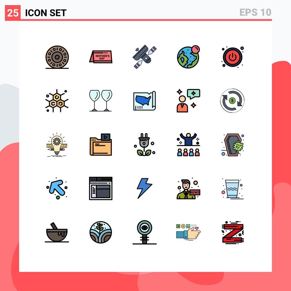 Pack of 25 Modern Filled line Flat Colors Signs and Symbols for Web Print Media such as switch moon broadcasting world earth Editable Vector Design Elements