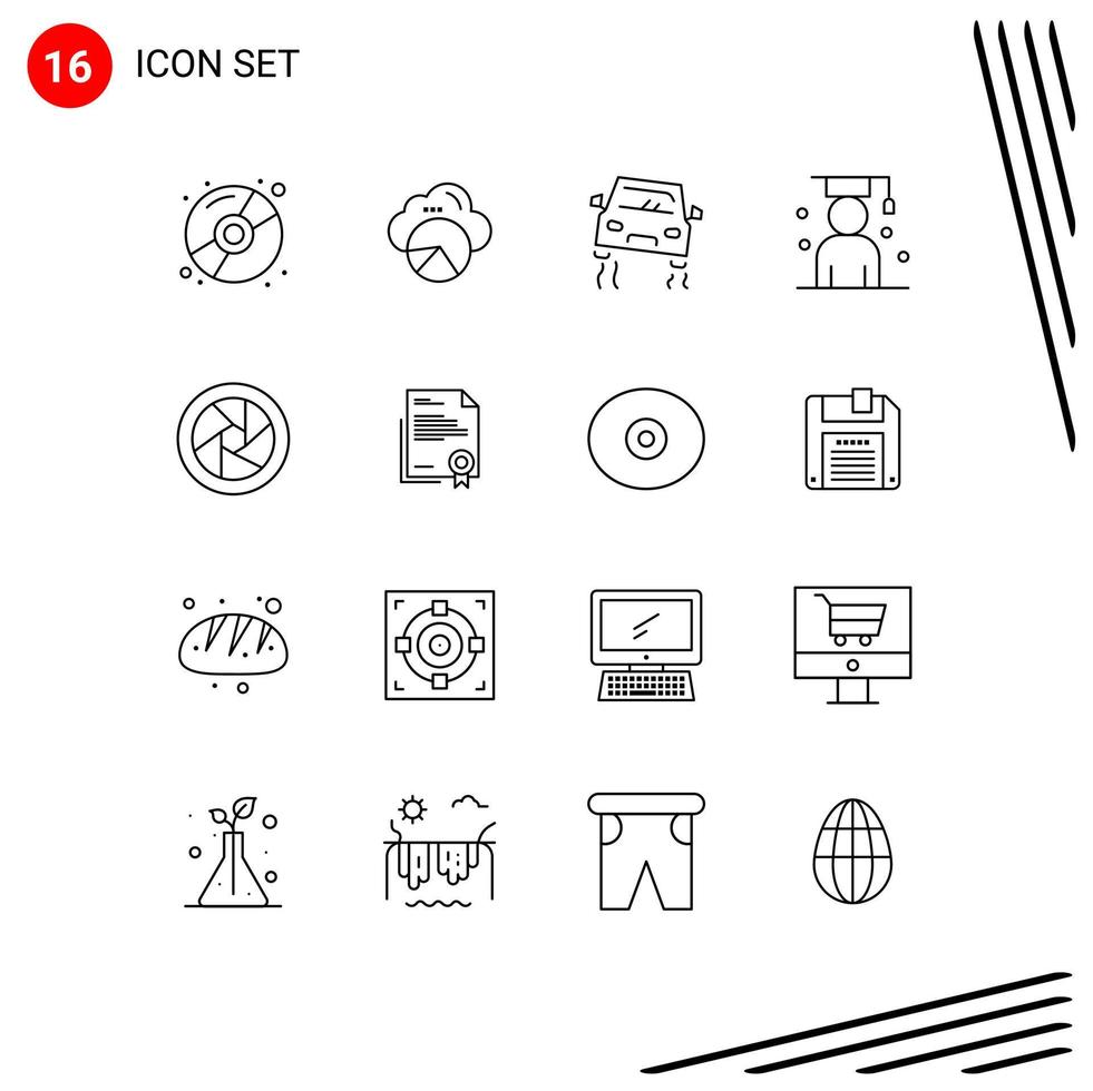 User Interface Pack of 16 Basic Outlines of camera accessories scholar accident graduation avatar Editable Vector Design Elements