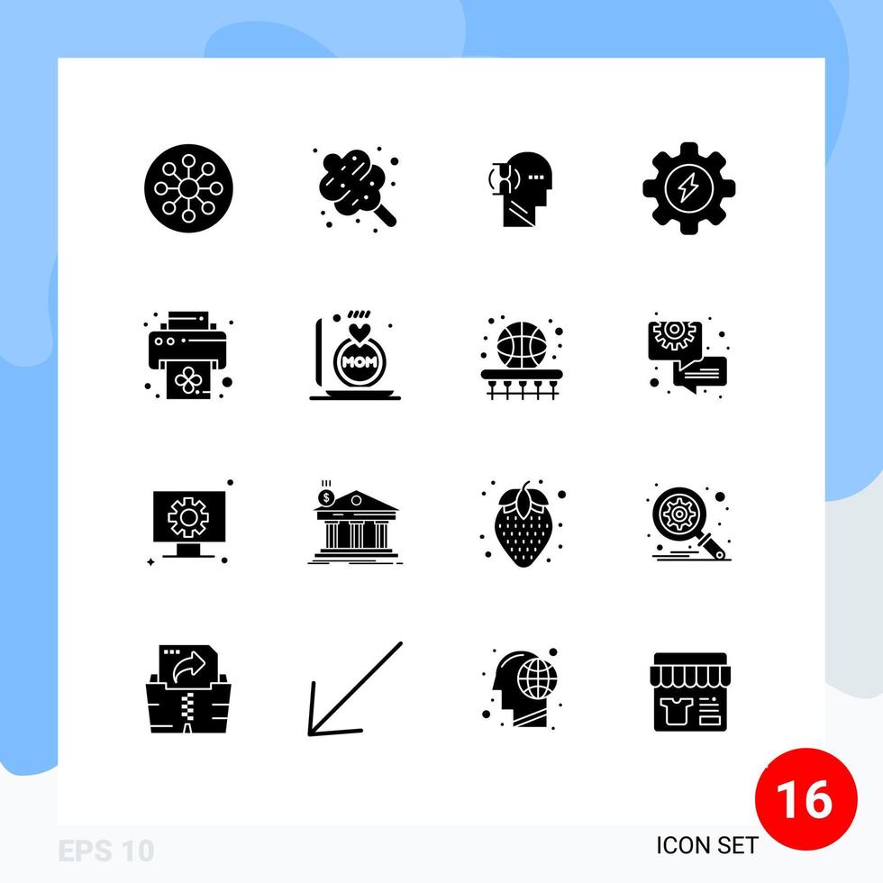 Editable Vector Line Pack of 16 Simple Solid Glyphs of print process sweets gear male Editable Vector Design Elements
