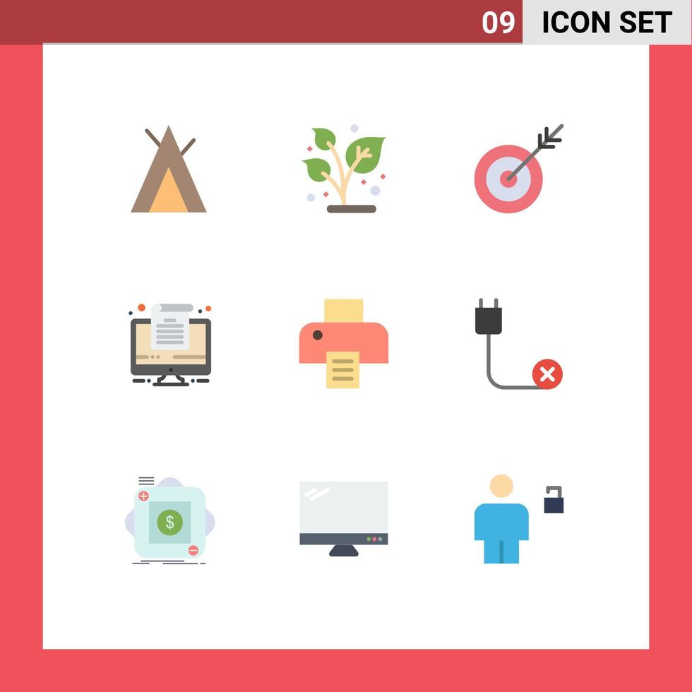 User Interface Pack of 9 Basic Flat Colors of computers printing dart printer document Editable Vector Design Elements
