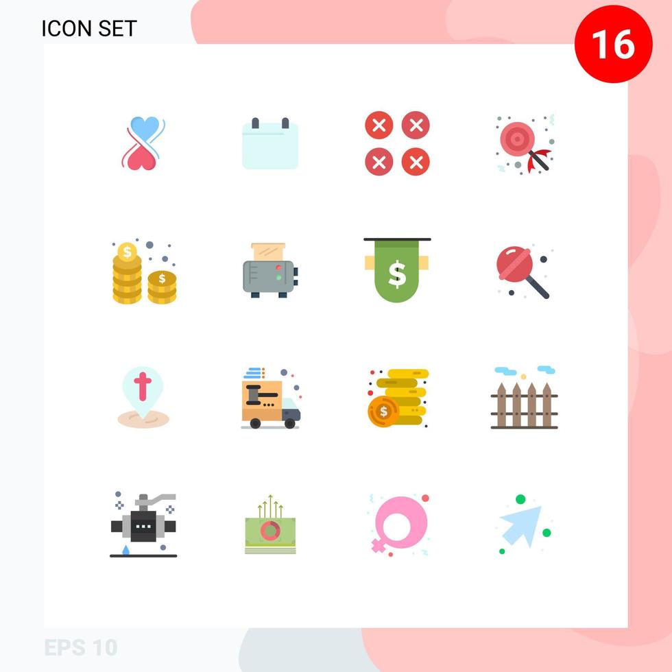 Universal Icon Symbols Group of 16 Modern Flat Colors of stack coins creative lollipop candy Editable Pack of Creative Vector Design Elements