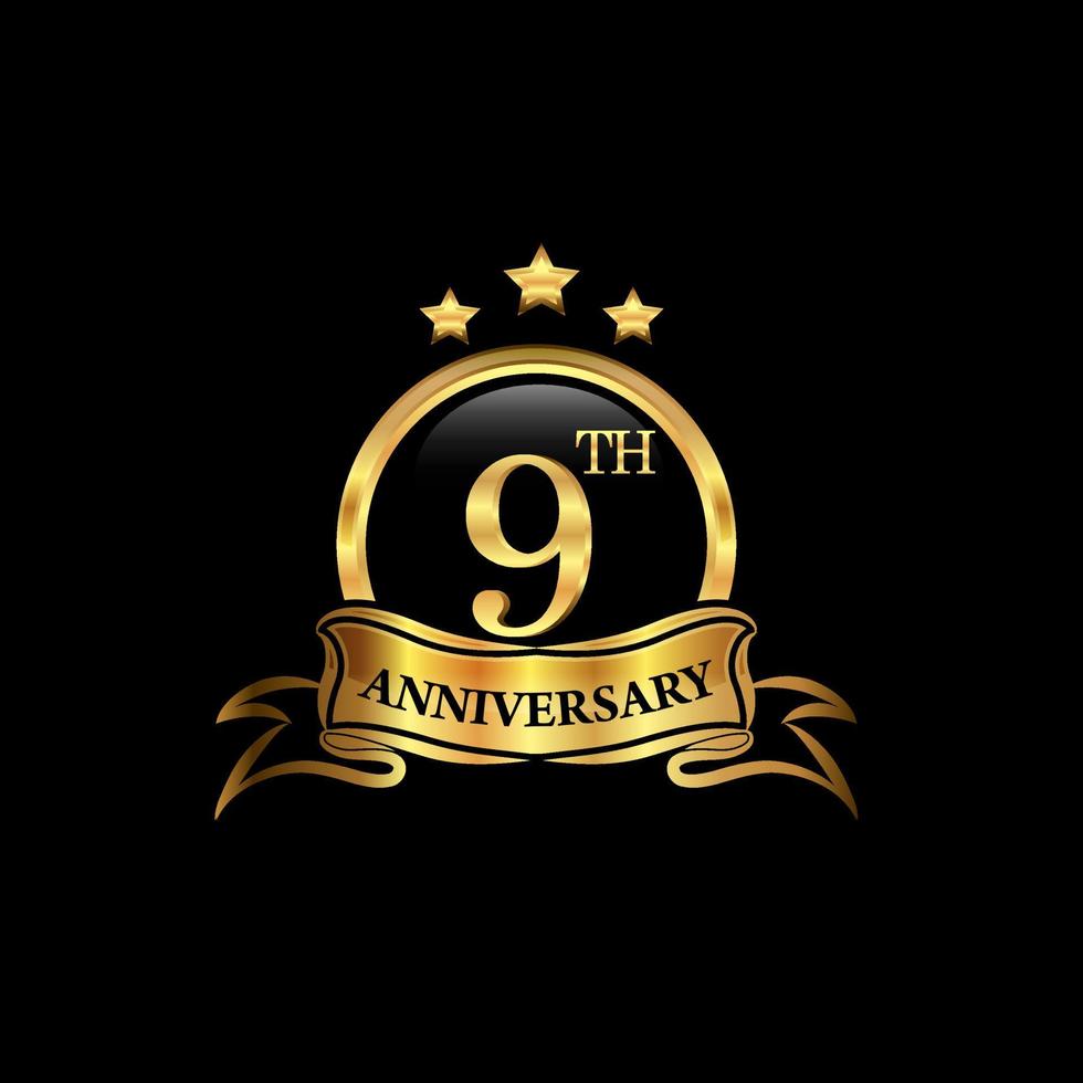 Celebración del aniversario de 9 años. aniversario elegancia clásica color dorado aislado en fondo negro, diseño vectorial para celebración, tarjeta de invitación y tarjeta de felicitación vector