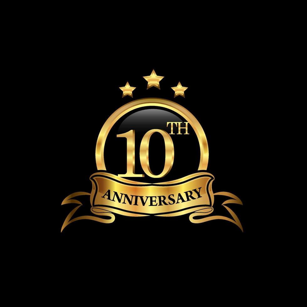 10 year anniversary celebration. Anniversary classic elegance golden color isolated on black background, vector design for celebration, invitation card, and greeting card