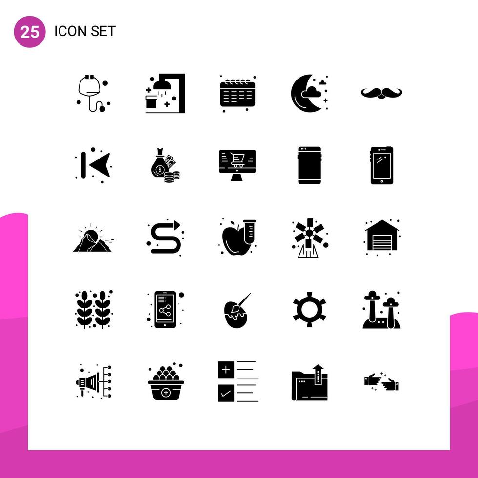 User Interface Pack of 25 Basic Solid Glyphs of movember moustache education stars moon Editable Vector Design Elements