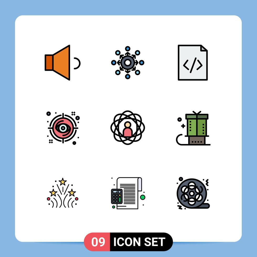 9 concepto de color plano de línea completa para sitios web, desarrollo de aplicaciones y móviles, código de vista, enfoque objetivo, elementos de diseño vectorial editables vector