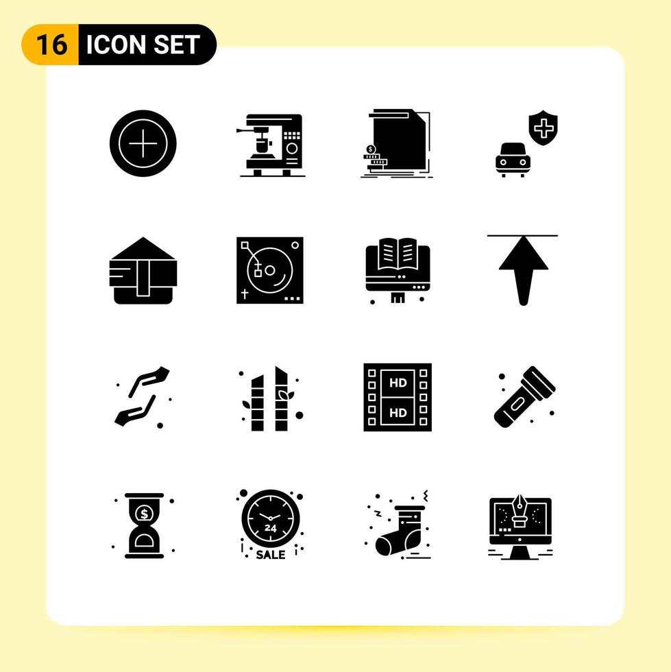 16 Universal Solid Glyphs Set for Web and Mobile Applications purse bag finance security car Editable Vector Design Elements