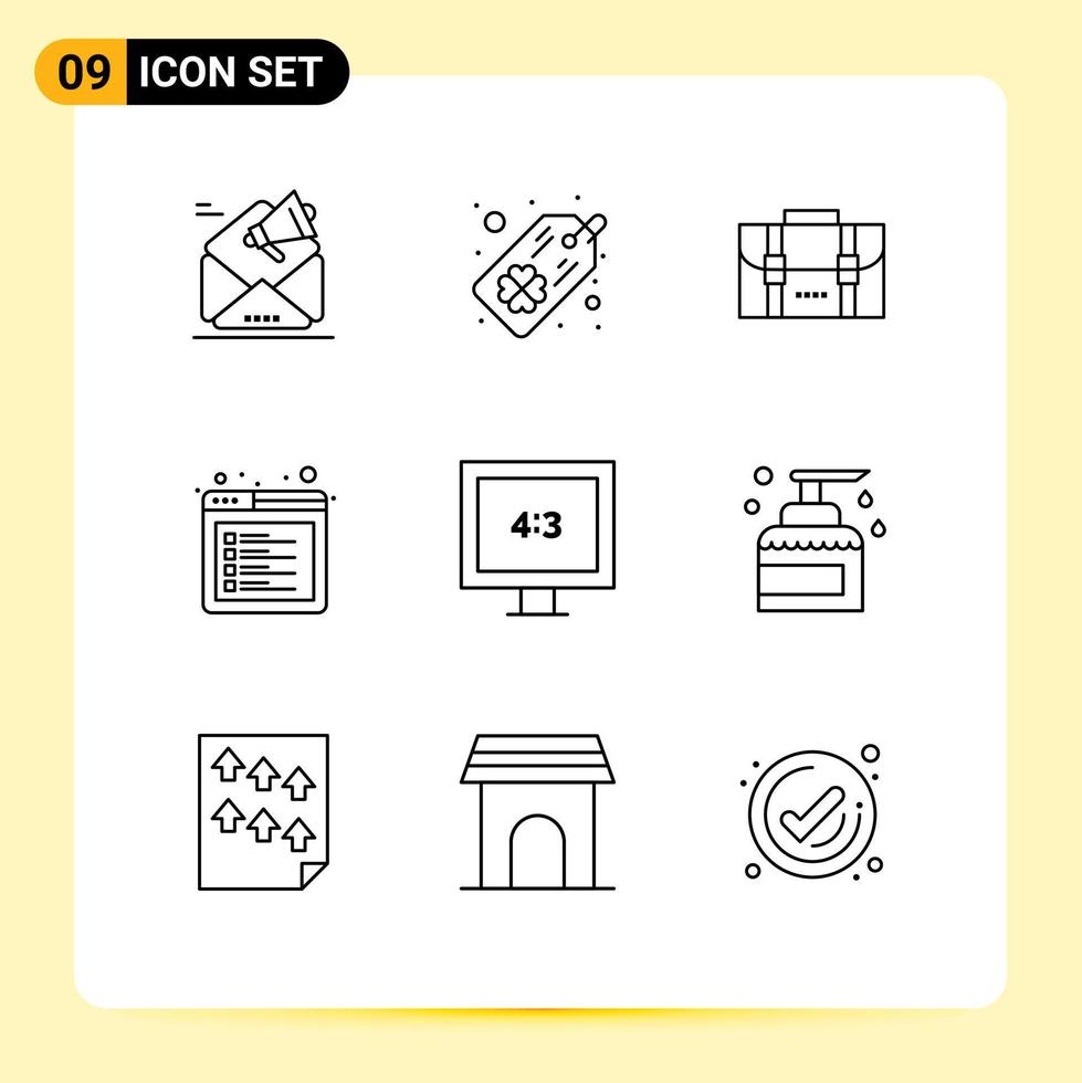 Universal Icon Symbols Group of 9 Modern Outlines of display web backpack tab browser Editable Vector Design Elements