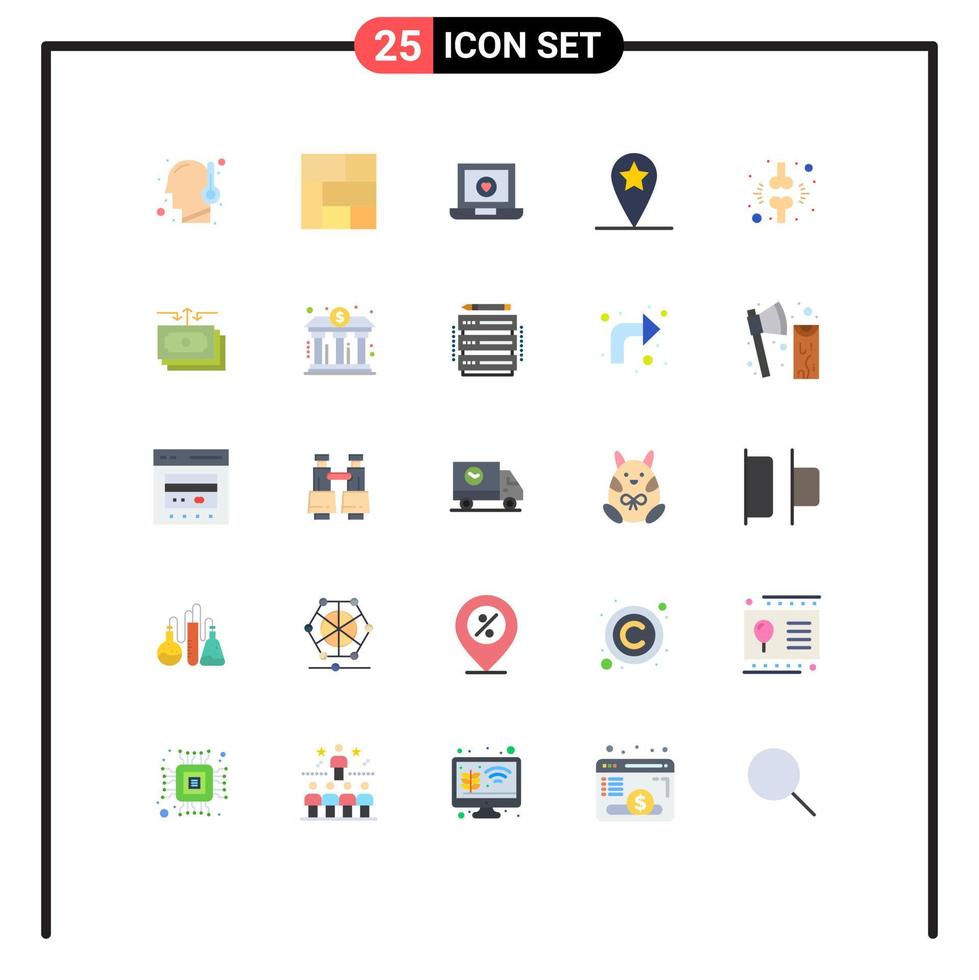 User Interface Pack of 25 Basic Flat Colors of injured brake laptop bone location Editable Vector Design Elements