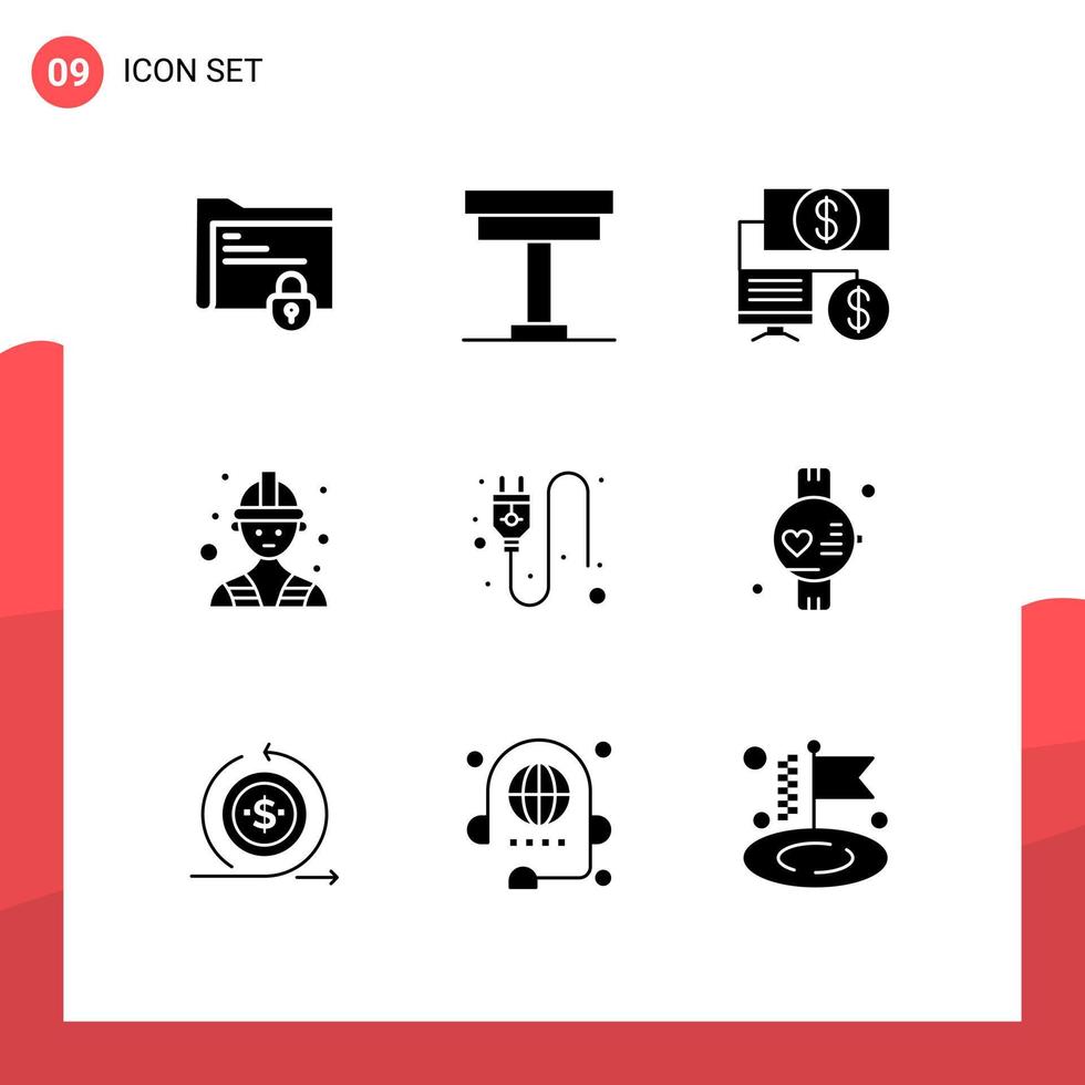 Set of 9 Modern UI Icons Symbols Signs for plug worker interior labour finance Editable Vector Design Elements