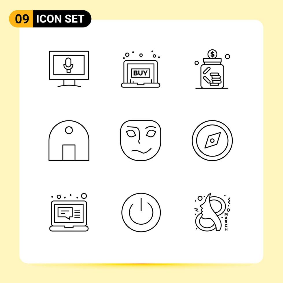Pictogram Set of 9 Simple Outlines of cheerful mosque business islamic building building Editable Vector Design Elements