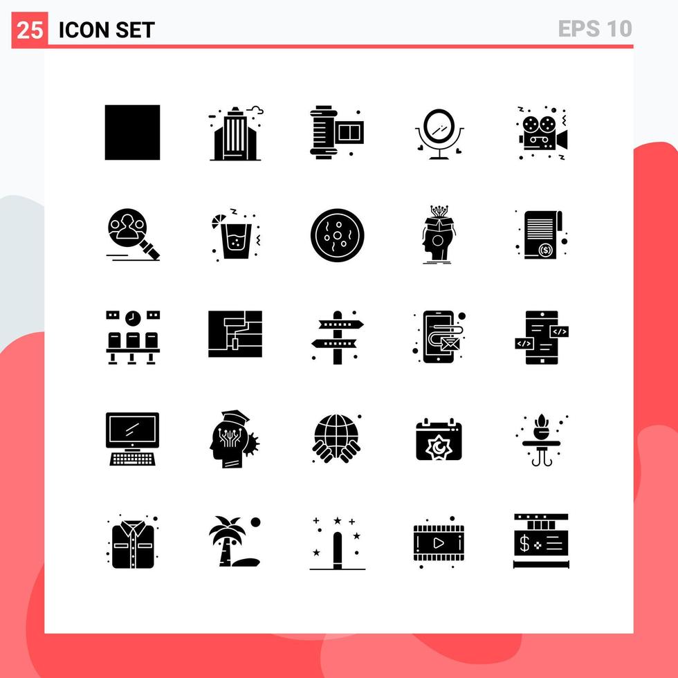 Set of 25 Commercial Solid Glyphs pack for cinema video camera roll film camera heard Editable Vector Design Elements