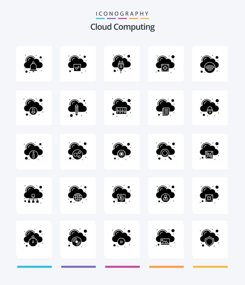 Creative Cloud Computing 25 Glyph Solid Black icon pack  Such As internet.. cloud hosting. cloud. add vector