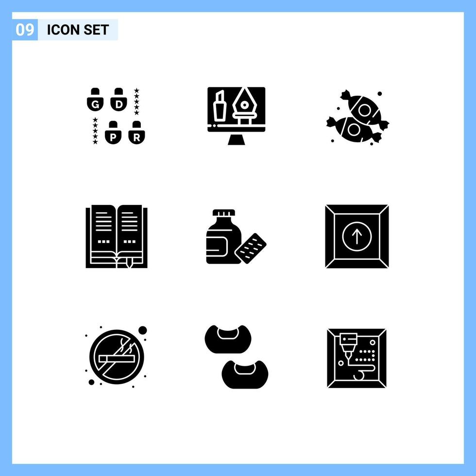 Pictogram Set of 9 Simple Solid Glyphs of box medicine dessert medical education Editable Vector Design Elements