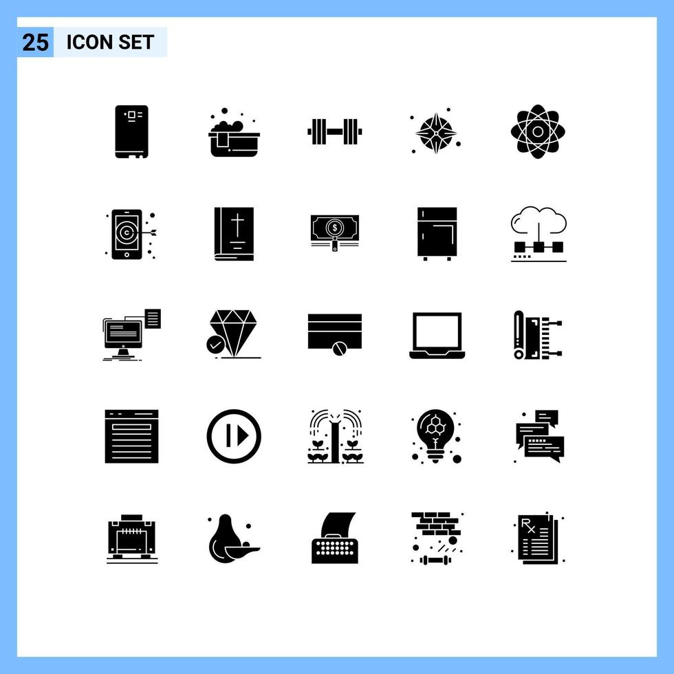 Editable Vector Line Pack of 25 Simple Solid Glyphs of atom navigation relaxing bath gps weight Editable Vector Design Elements