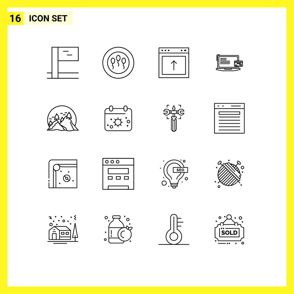 Universal Icon Symbols Group of 16 Modern Outlines of mountain landscape website hill credit card Editable Vector Design Elements