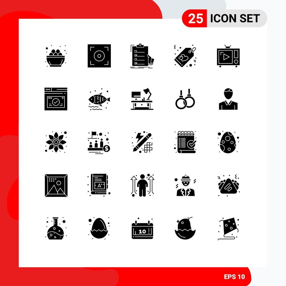 Set of 25 Vector Solid Glyphs on Grid for antenna tv sale checklist love clipboard Editable Vector Design Elements